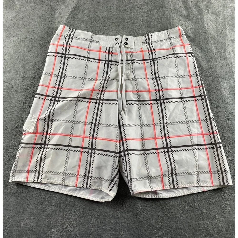 Joe Boxer Mens Plaid Board Shorts White Black Orange Cargo Pocket Swim Trunks 38